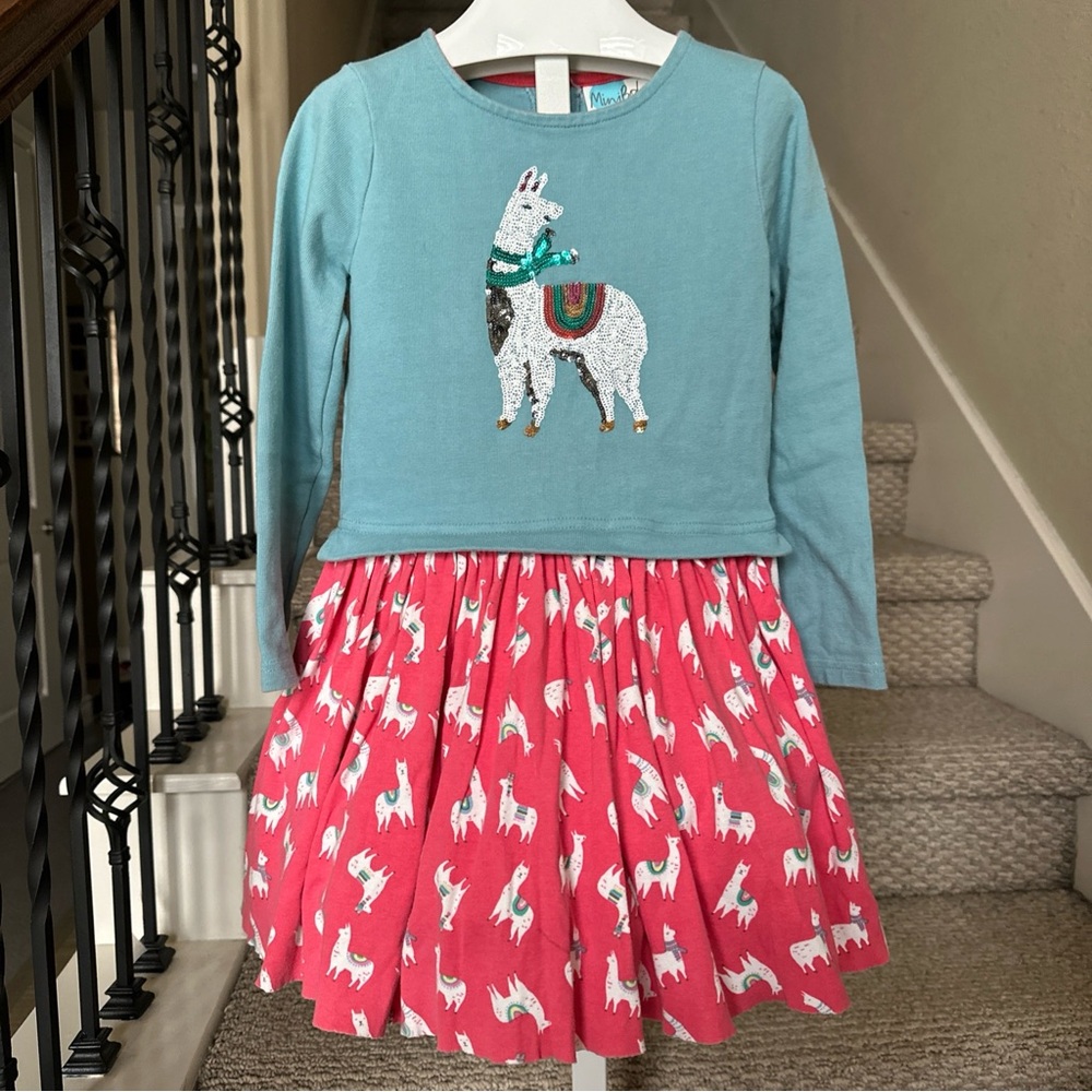 Mini Boden Alpaca Llama Dress 6 7 Y Blue Pink Sequin Embellished Long Sleeve